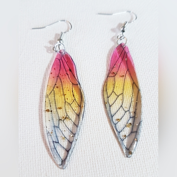 Winging It Earrings Red and Yellow Transluscent Wings Handmade Jewelry - Picture 5 of 12